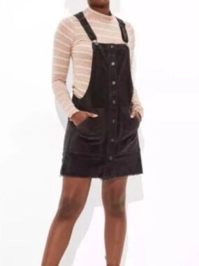 American Eagle Button-Front Black Corduroy Pinafore Mini Dress (Worn Once)